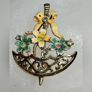 Vintage Signed BJ (Beatrix Jewelry) Umbrella Pin w/ Rhinestones & Enamel Flowers